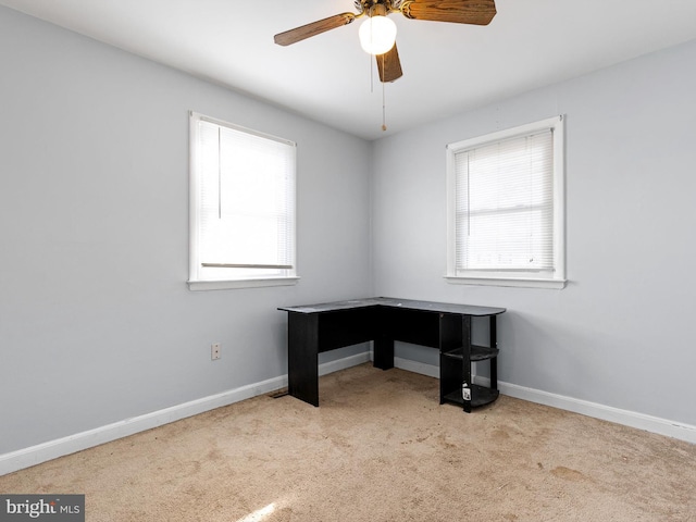 unfurnished office featuring light colored carpet and ceiling fan