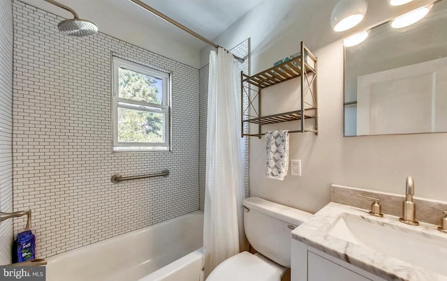 full bathroom with vanity, toilet, and shower / bathtub combination with curtain