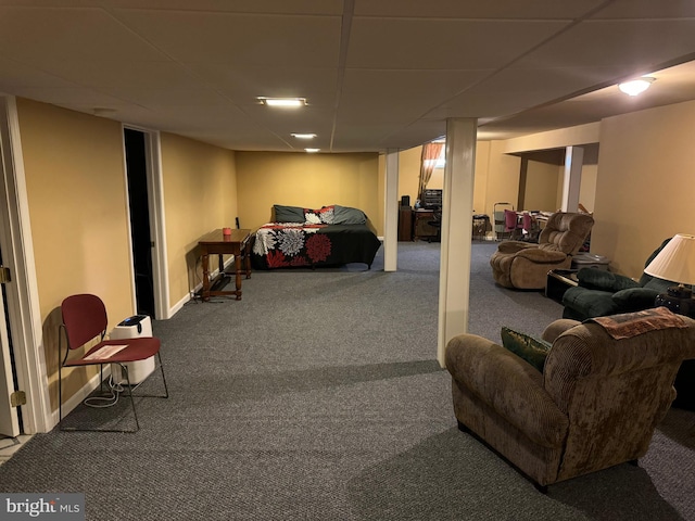 interior space featuring carpet flooring and a drop ceiling