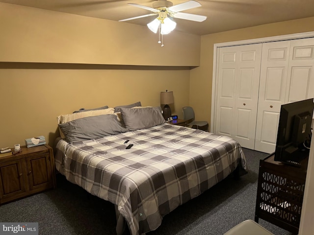 carpeted bedroom featuring a closet and ceiling fan