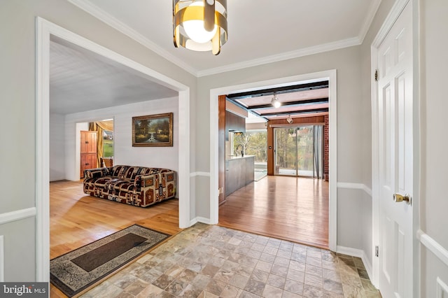 entryway featuring light hardwood / wood-style floors and crown molding