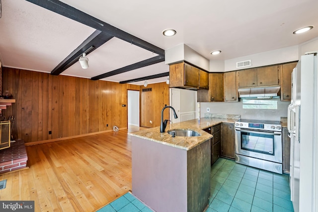 kitchen featuring stainless steel electric range, kitchen peninsula, sink, beamed ceiling, and light hardwood / wood-style flooring