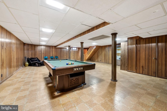 playroom featuring a drop ceiling, billiards, and wood walls