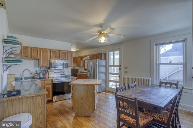 kitchen with a wealth of natural light, radiator, appliances with stainless steel finishes, and a center island