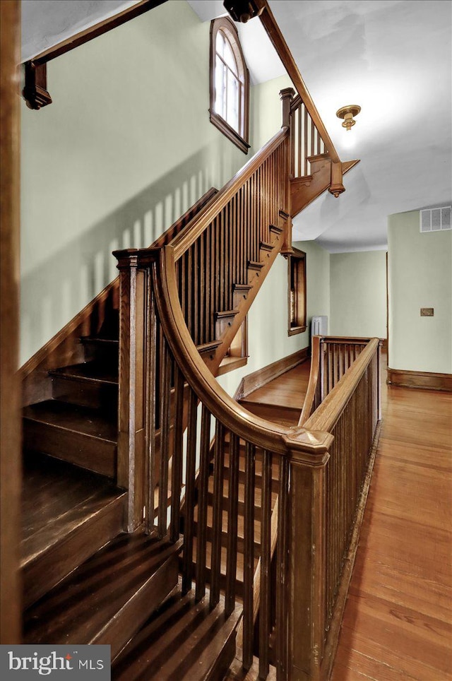 stairway with hardwood / wood-style floors