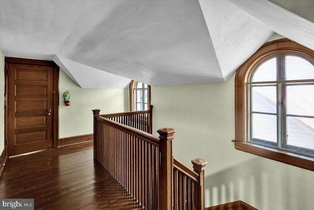 stairs with lofted ceiling and wood-type flooring