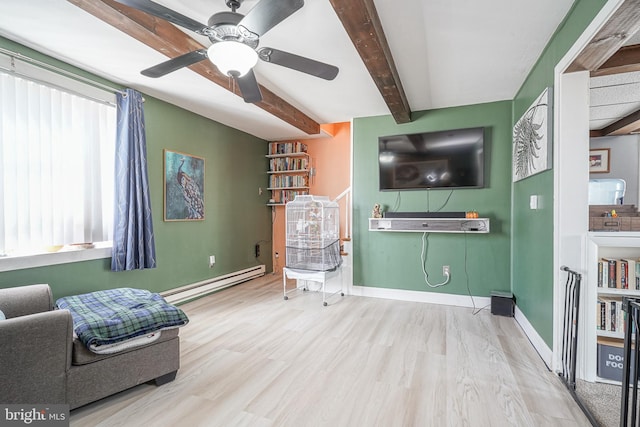 sitting room featuring ceiling fan, light hardwood / wood-style flooring, beamed ceiling, and a baseboard heating unit