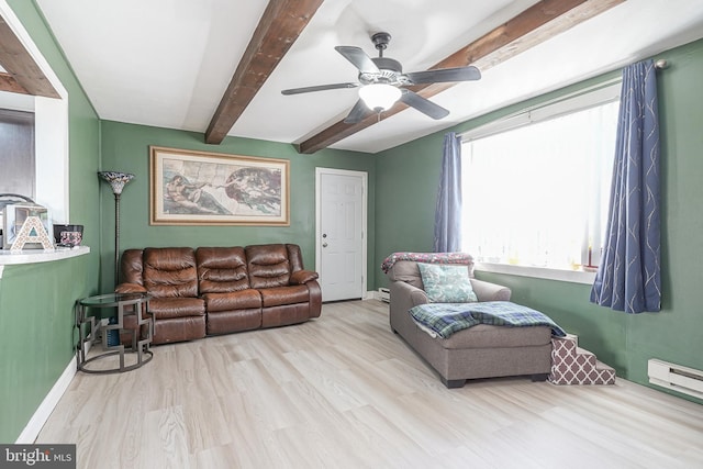 living room with beamed ceiling, ceiling fan, and light hardwood / wood-style flooring