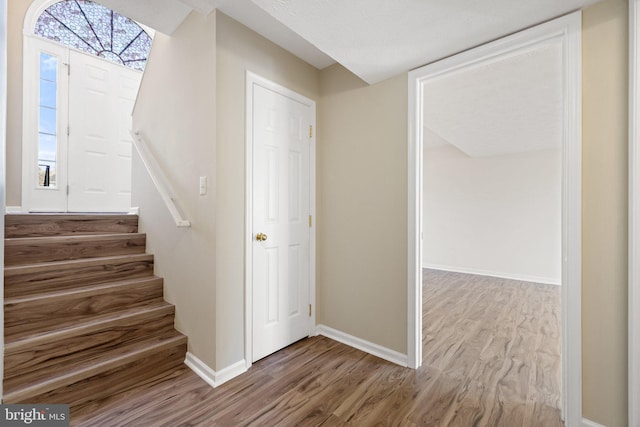 staircase with wood-type flooring and plenty of natural light