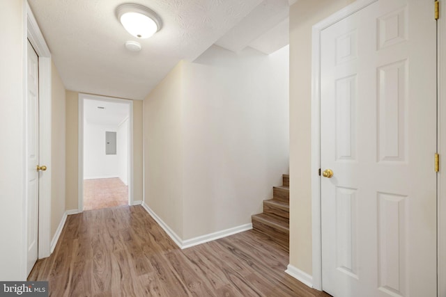 hall with electric panel, a textured ceiling, and light hardwood / wood-style flooring