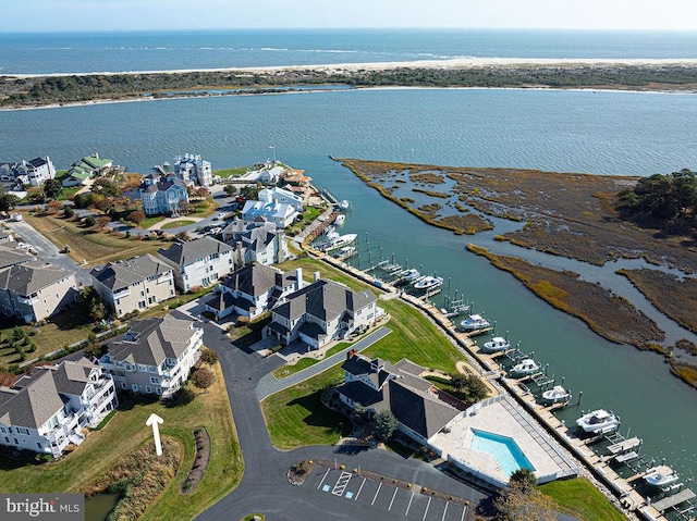 drone / aerial view featuring a water view