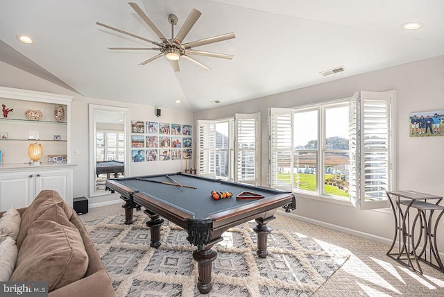 recreation room with ceiling fan, light carpet, pool table, and lofted ceiling