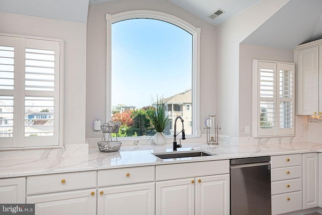 kitchen featuring white cabinets, a wealth of natural light, sink, and dishwasher