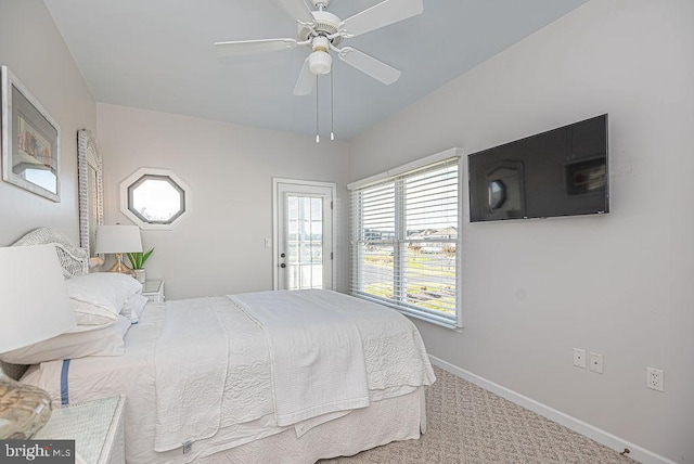 bedroom with light colored carpet and ceiling fan