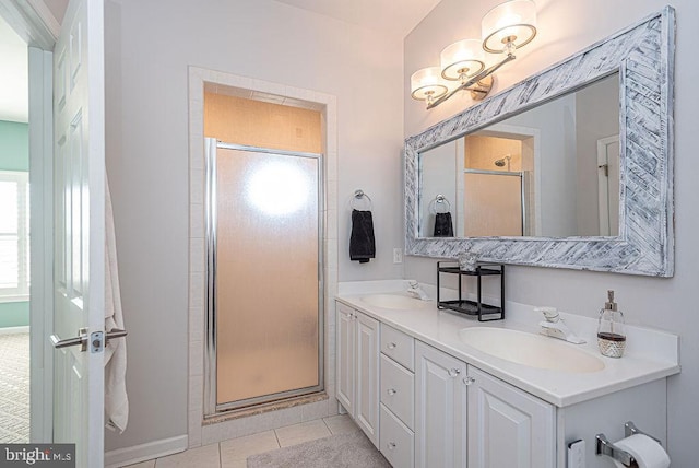 bathroom with tile patterned flooring, vanity, and a shower with shower door