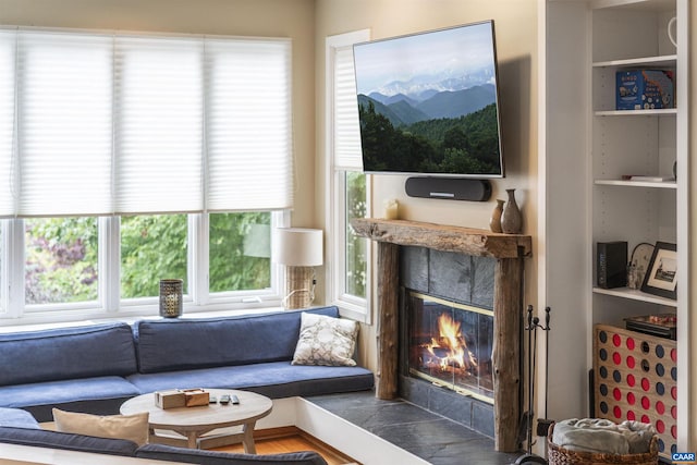 living room with a fireplace, hardwood / wood-style floors, and plenty of natural light