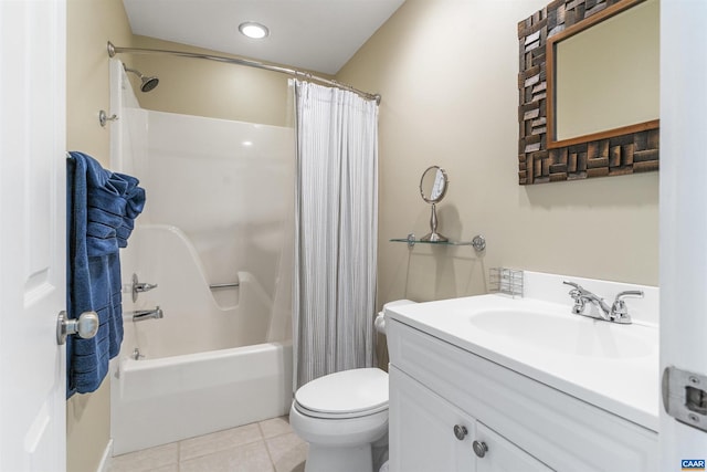 full bathroom with vanity, shower / tub combo with curtain, toilet, and tile patterned floors