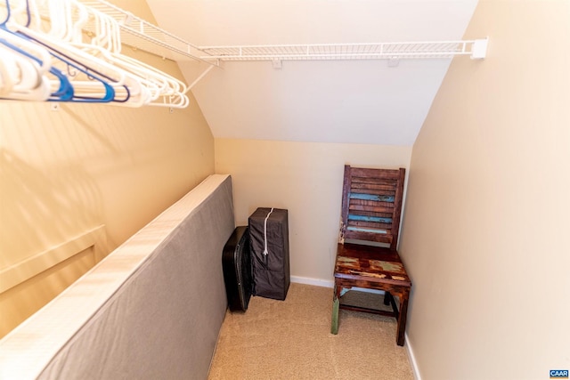 walk in closet with light carpet and vaulted ceiling