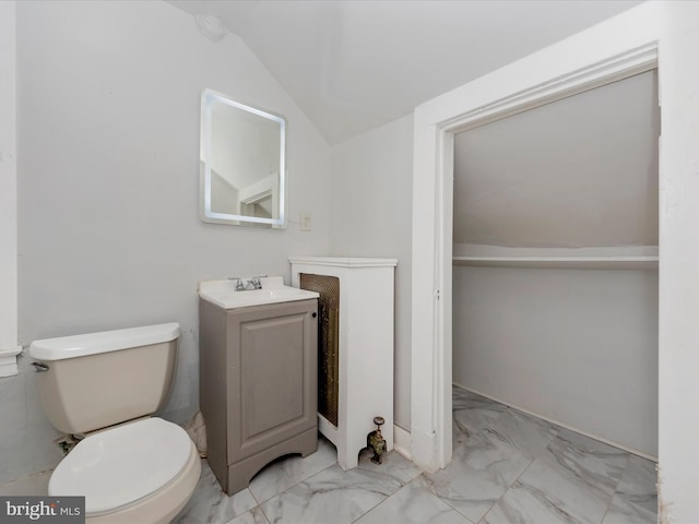 bathroom featuring toilet, vanity, and vaulted ceiling