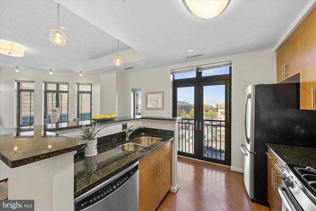 kitchen featuring sink, french doors, stainless steel appliances, dark hardwood / wood-style floors, and pendant lighting