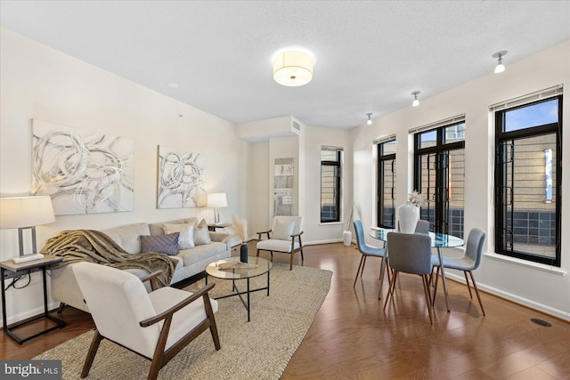 living room featuring a textured ceiling and dark wood-type flooring