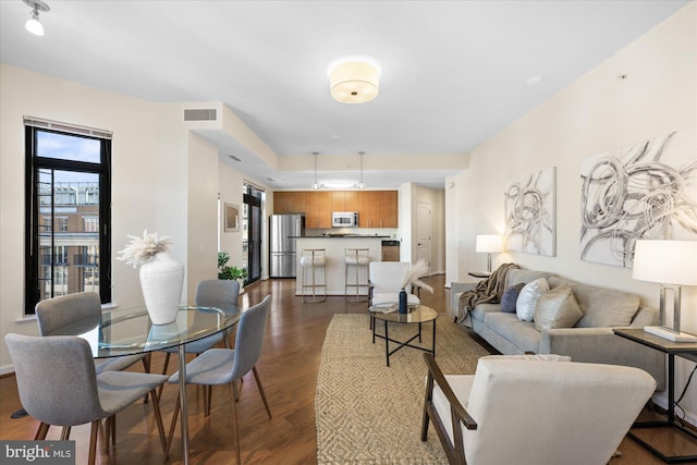 living room featuring dark wood-type flooring