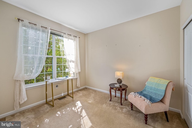 sitting room featuring light carpet