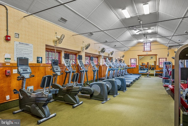 gym with carpet, lofted ceiling, and wooden walls