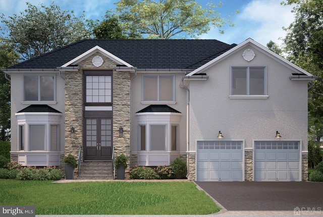 view of front facade with a garage, a front lawn, and french doors