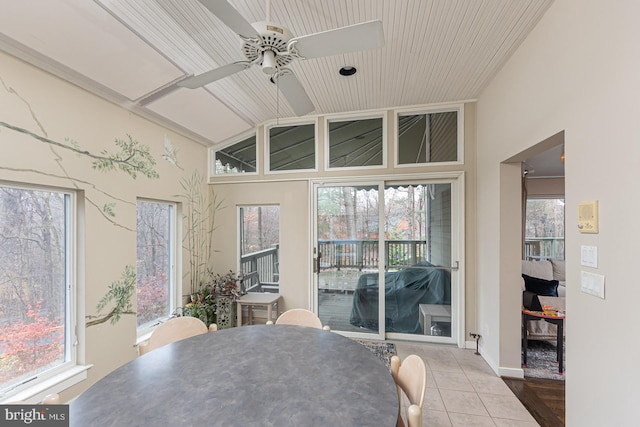 sunroom / solarium with ceiling fan, lofted ceiling, and wood ceiling