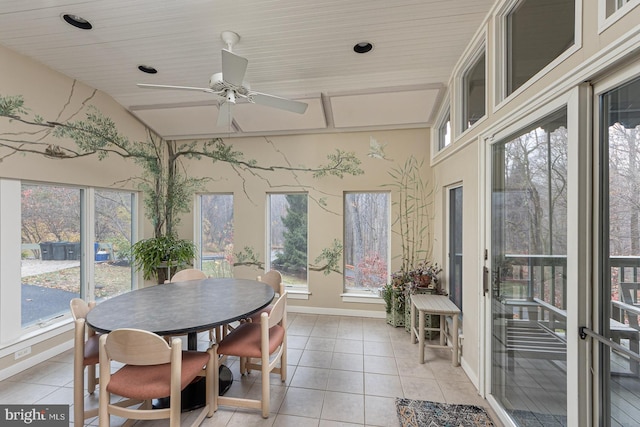 sunroom with ceiling fan and lofted ceiling