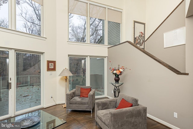 living area featuring dark hardwood / wood-style flooring and a towering ceiling