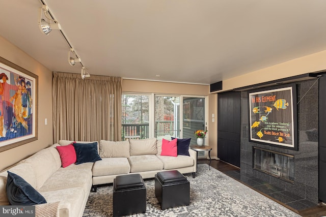 living room with a fireplace, dark hardwood / wood-style flooring, and track lighting