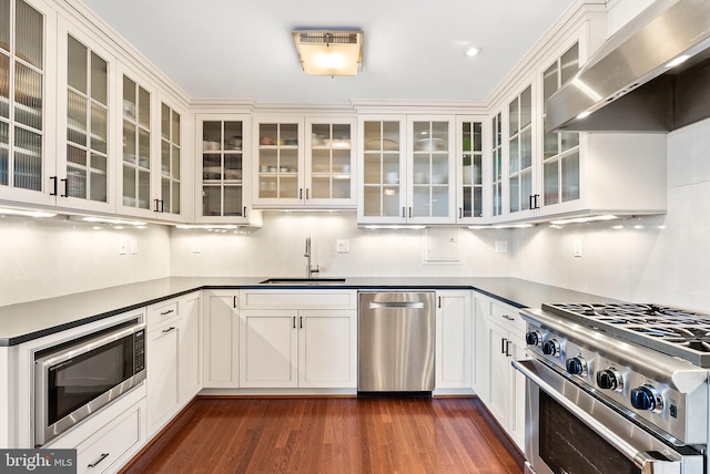 kitchen featuring white cabinets, sink, wall chimney exhaust hood, dark hardwood / wood-style floors, and stainless steel appliances