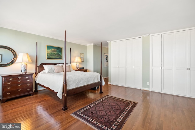 bedroom featuring crown molding, multiple closets, and dark wood-type flooring