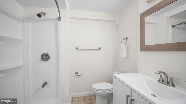 full bathroom with a shower, vanity, toilet, and tile patterned floors