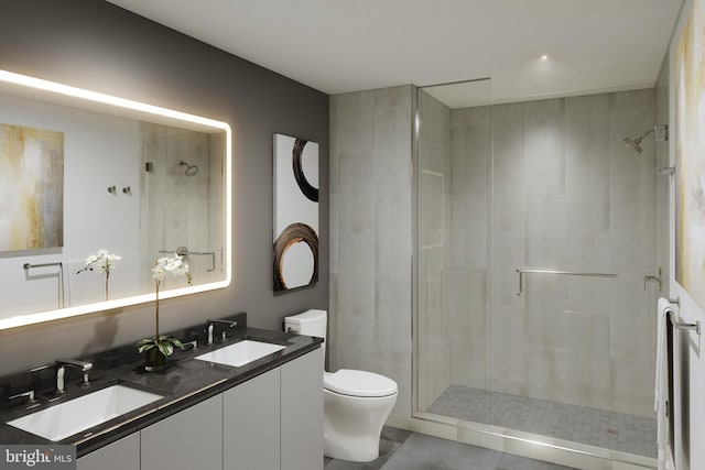 bathroom featuring vanity, toilet, tile patterned floors, and a shower with shower door