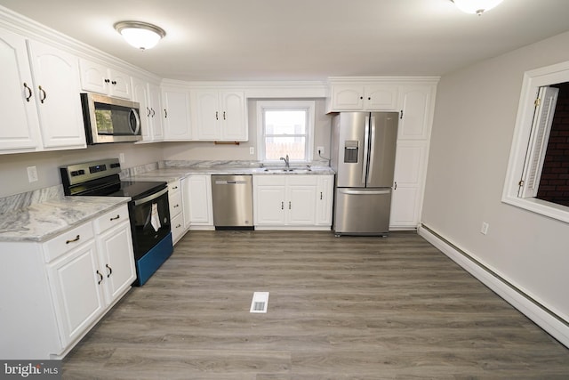 kitchen featuring stainless steel appliances, a baseboard radiator, dark hardwood / wood-style flooring, and white cabinets