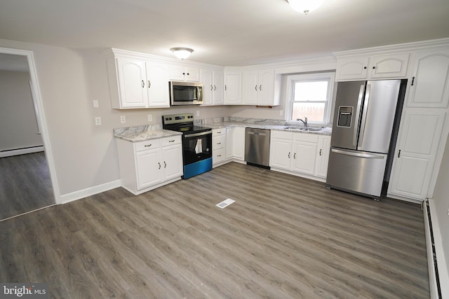 kitchen with sink, white cabinetry, dark wood-type flooring, and stainless steel appliances