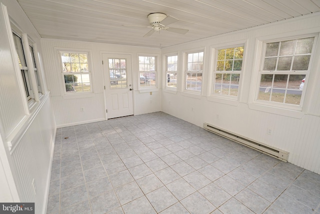 unfurnished sunroom with wooden ceiling, a baseboard radiator, and ceiling fan