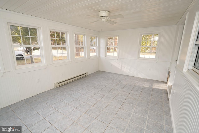 unfurnished sunroom with baseboard heating, a healthy amount of sunlight, and ceiling fan