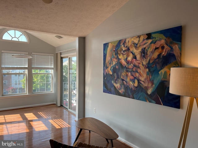 interior space featuring a textured ceiling, wood-type flooring, and vaulted ceiling