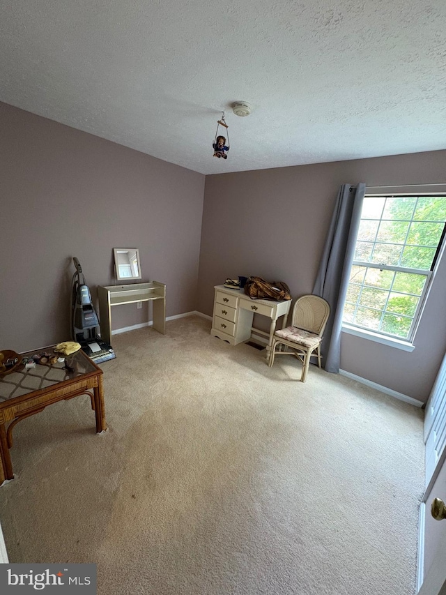 unfurnished room featuring a textured ceiling and light colored carpet