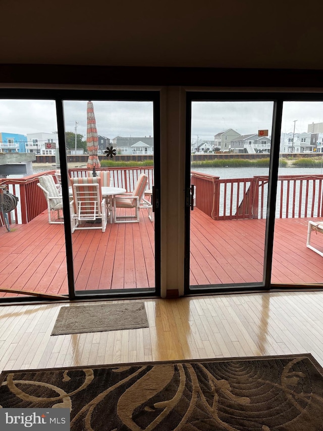 entryway featuring a water view and hardwood / wood-style flooring