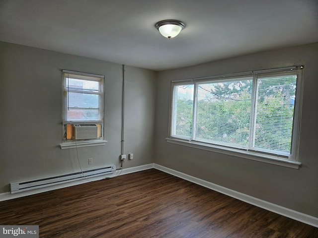 unfurnished room with dark wood-type flooring, cooling unit, and a baseboard heating unit