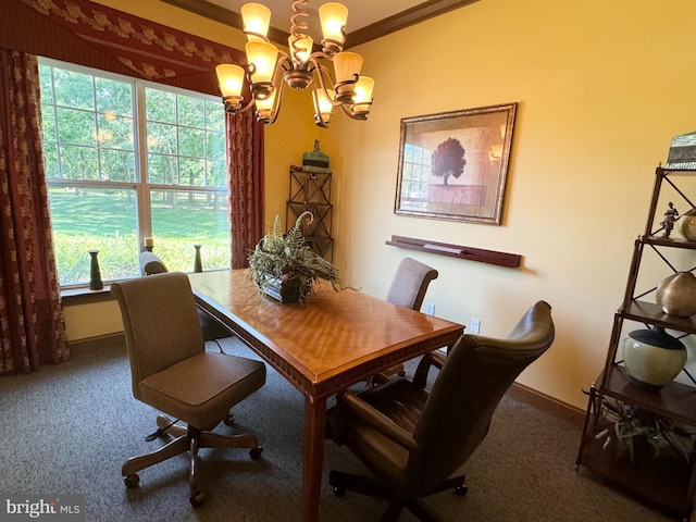 carpeted dining space featuring a chandelier and ornamental molding