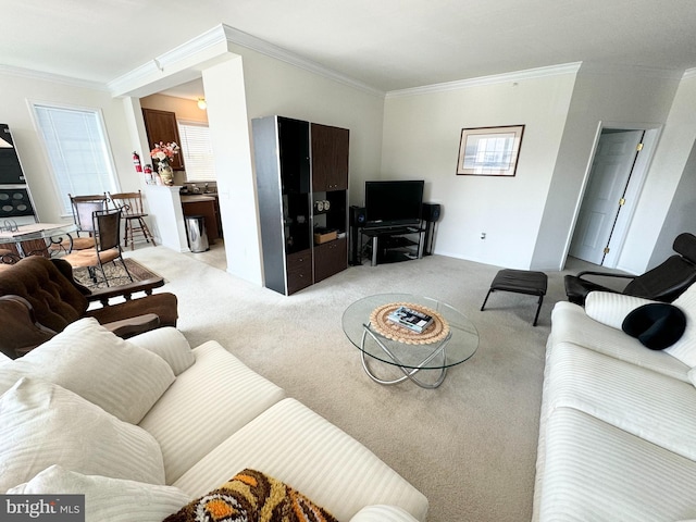 living room with light colored carpet and crown molding