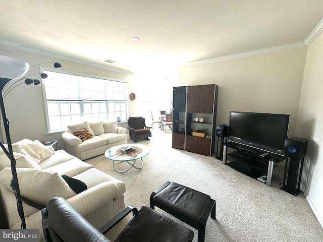 carpeted living room featuring crown molding