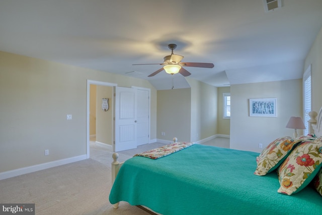 carpeted bedroom with ceiling fan