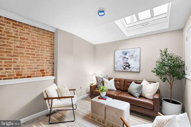 living room featuring light carpet and a skylight